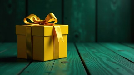 A vibrant yellow gift box adorned with a golden ribbon, resting on a dark teal wooden surface, evokes feelings of joy and anticipation.