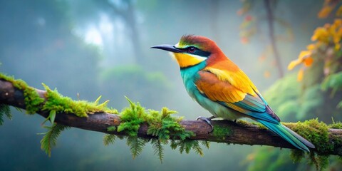 Obraz premium Vibrant feathered creature perched on a moss-covered branch in a serene, misty forest environment