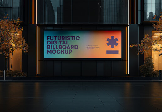 Futuristic Digital Billboard Mockup &ndash; Wide-Angle LED Display on Corporate Building Facade