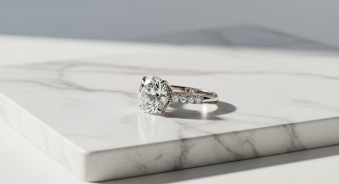 A dazzling solitaire diamond engagement ring with a band of smaller diamonds rests on a pristine white marble surface, bathed in soft light.