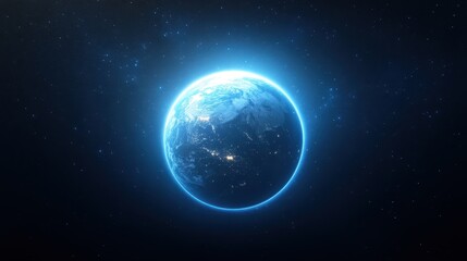 Glowing blue planet in vast space, vibrant cosmic scene, highlighting the beauty of the universe, perfect for sci-fi themes.