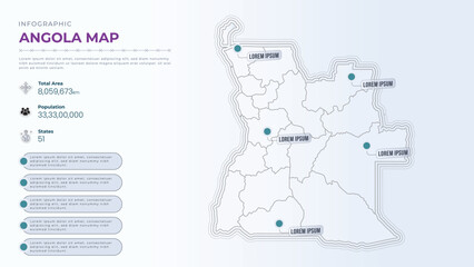 Total Area, Papulation, States & More Detailed Infographic Map of Angola. Angola country map infographic colored vector template with regions and pointer marks.