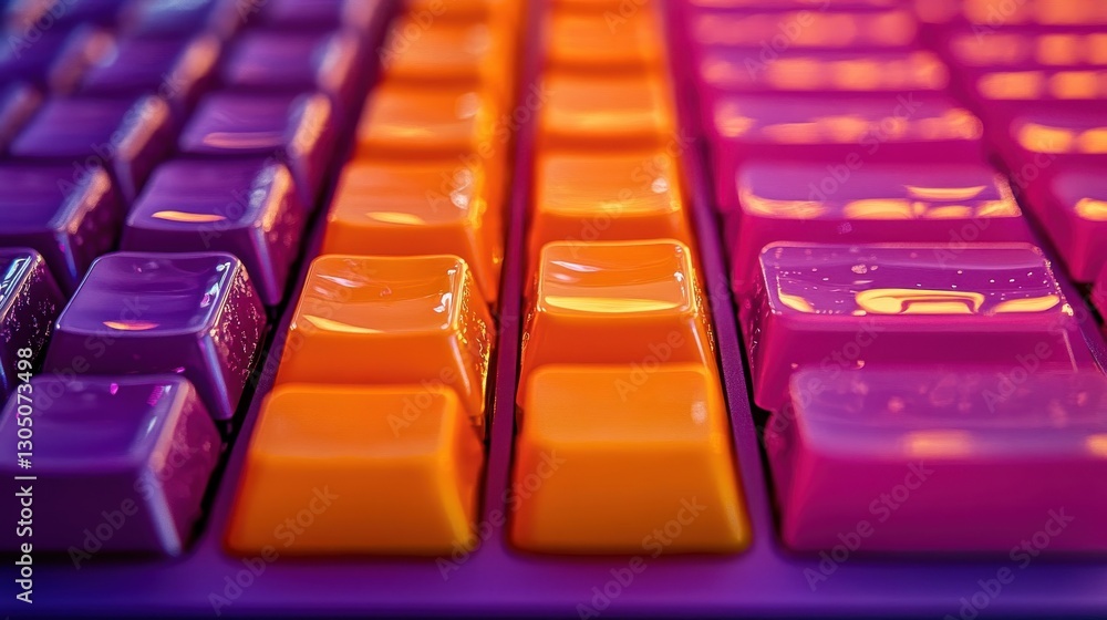 Poster close up image shows multicolored keyboard keycaps in vibrant colors