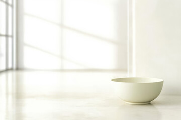Simple white bowl placed on a light floor in a minimalist interior setting with natural light