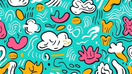 Colorful whimsical pattern, vibrant floral and cloud illustrations on a bright turquoise background, perfect for creative projects.