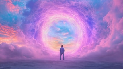 Man Standing Before a Colorful Portal in an Ethereal Cloud Landscape