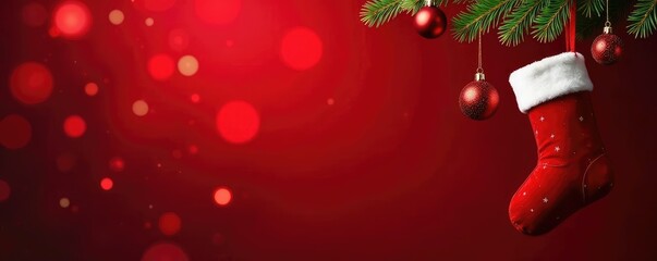Red velvet background with hanging Christmas stockings and a few decorative items, bokeh, red, ornament