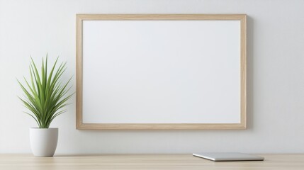 Minimalist blank frame on a wall, wooden frame, indoor plant beside it, perfect for adding your own artwork or messages.