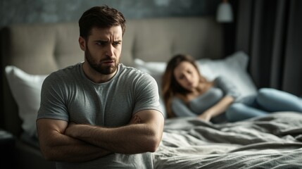 Fototapeta premium man with arms crossed with anger in bed and in the background his lying wife