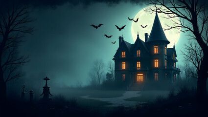 Spooky Haunted Mansion with Bats: Eerie Halloween Photo Frame