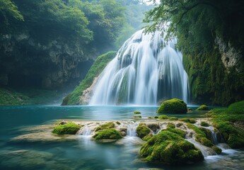 Naklejka premium Serene Waterfall Cascading Into Crystal Clear Pool Surrounded by Lush Greenery and Vibrant Botanicals in a Tranquil Natural Landscape