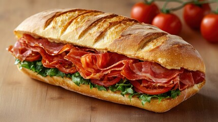 Delicious baguette sandwich with prosciutto tomatoes and fresh lettuce on wooden table appetizing close up shot perfect for food blog or restaurant menu