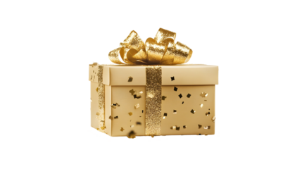 Golden gift box, cut out, placed on white or transparent background