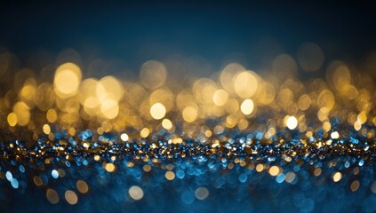 Abstract bokeh background with gold and blue glitter.