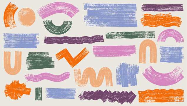 Hand Drawn Thick Grunge Lines And Abstract Shapes Set. Sketchy Bold Straight, Wavy, Zigzag Lines. Colored Ink Brush Strokes And Banners. Dry Grunge Marker Highlight Underline, Paint Bold Brush Strokes