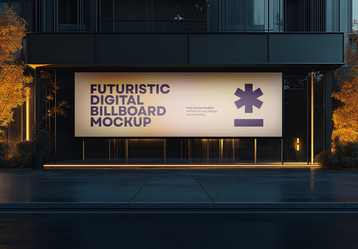 Modern Urban Billboard Mockup &ndash; Futuristic Outdoor Advertising Display with LED Lights and Architectural Background
