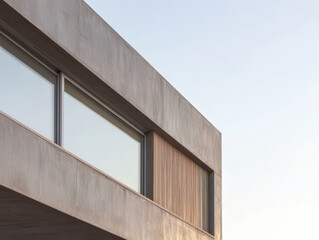 Modern architectural design featuring concrete and wood elements in a minimalist style