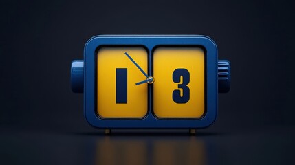 A blue and yellow mechanical clock displays the time