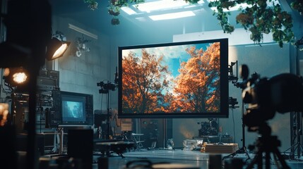 Autumn Landscape Displayed on Large Screen in Studio Environment