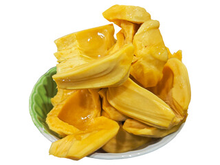 Yellow jackfruit pieces in a green and white bowl.