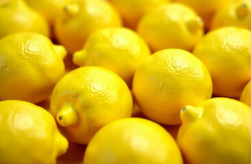 Bright juicy lemons are filled with the whole frame, citrus background. Copy space.