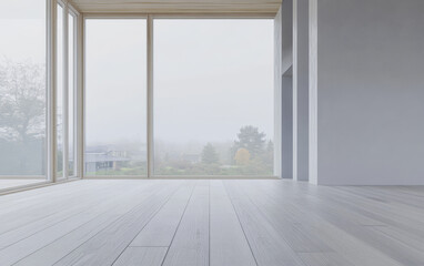 Fototapeta premium Bright and modern interior of an empty room with large windows overlooking a misty landscape