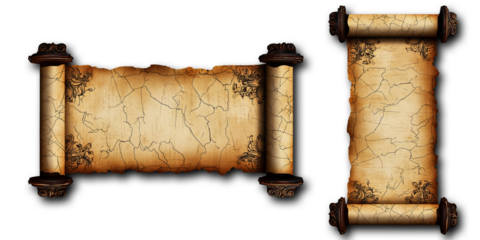 Vintage parchment scroll with ornamental decorations and cracks on a transparent background
