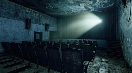 Fototapeta premium Abandoned Vintage Theater with Empty Seats and Spotlights