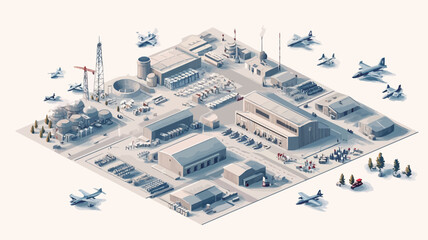 The image is a detailed isometric illustration depicting a sprawling military airbase and an adjacent industrial complex.  The illustration is rendered in a light blue and gray color