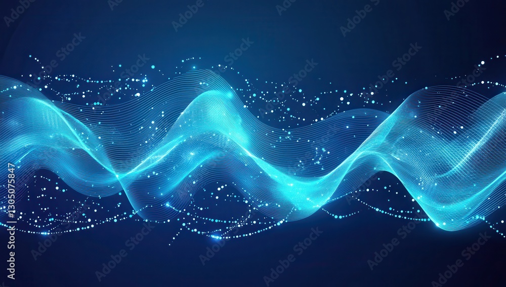 Poster abstract blue wave with glowing particles and light trails in digital design for backgrounds and tec