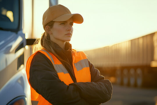 Young woman truck driver wearing safety vest and cap in evening light, cargo transportation