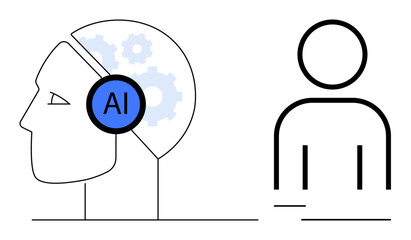 Profile of a human head with gears and AI symbol beside a minimalistic human figure. Ideal for technology, innovation, human-AI interaction, automation, digital transformation, teamwork, machine