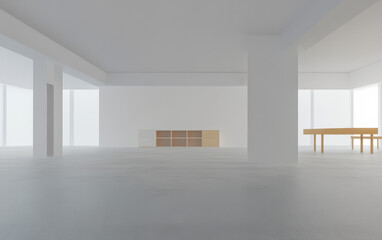 Fototapeta premium Minimalist interior design of a bright open space with natural light in modern architecture