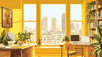 Sunny yellow home office with city view