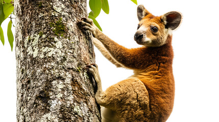
Tree kangaroo climbing a rainforest tree, unique marsupial