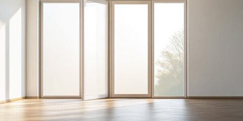 Fototapeta premium Large glass doors allowing natural light into a minimalist interior space in the morning