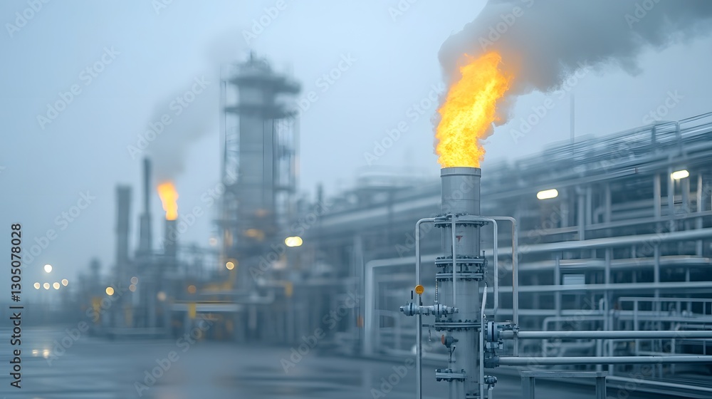 Poster close up view of gas flaring equipment part of the refining process producing a bright orange flame 