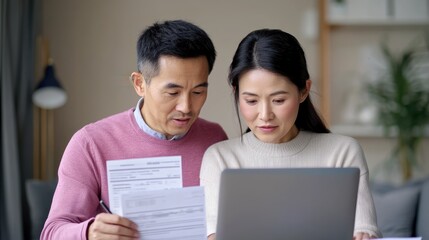 Obraz premium A couple reviews documents together on a laptop, focused and engaged in discussion, in a cozy indoor setting.