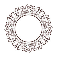 Intricate line art circular frame with flame-like petals, scrolls, and swirls, isolated on a white background.