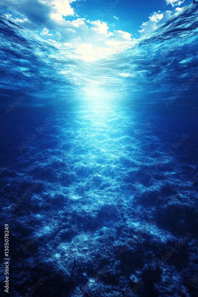 Poster serene underwater scene capturing sunlight filtering through the ocean surface illuminating the seab