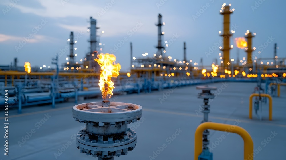 Poster Close up view of gas flaring equipment a key component in the refining process at an industrial petrochemical plant  The bright glow and flames illuminate the nighttime industrial landscape