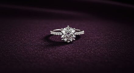 A dazzling solitaire diamond ring with a silver band rests on a rich purple velvet backdrop. Its brilliance and elegant design are captivating.
