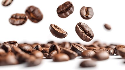 Roasted Coffee Beans in Motion: A captivating image of aromatic coffee beans suspended in mid-air, showcasing their rich, dark brown color and intricate details against a pure white backdrop.
