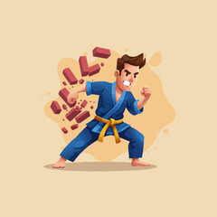 Man Breaking Brick Cartoon Illustration, Karate Action and Martial Art