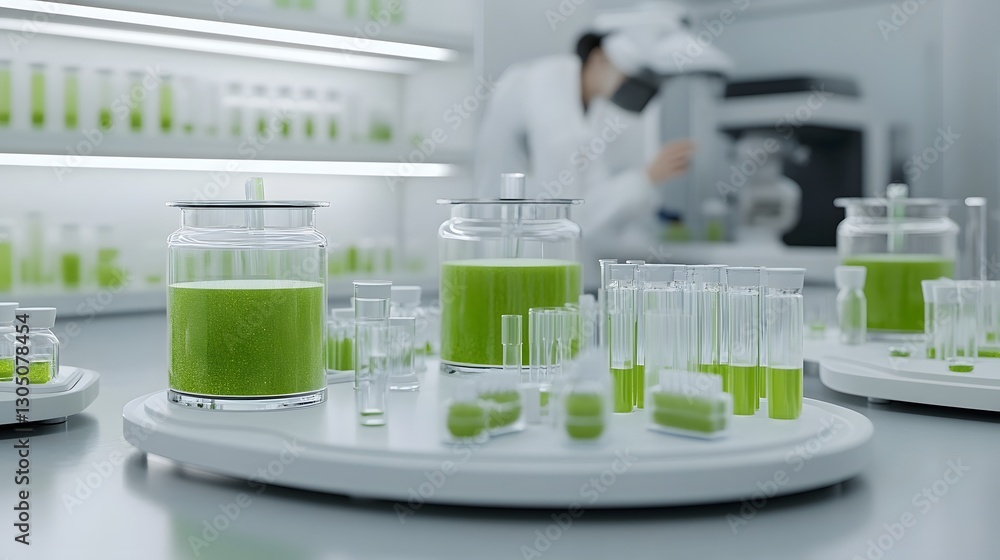 Poster biofuel research being conducted in a clean advanced and futuristic science laboratory setting a sci