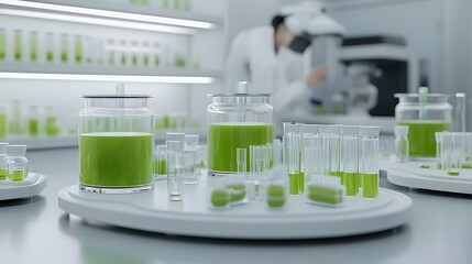 Biofuel research being conducted in a clean advanced and futuristic science laboratory setting  A scientist is carefully analyzing a green liquid sample