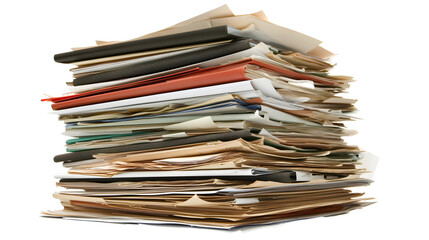 Towering stack of paperwork and files, cut out, isolated on white or transparent background