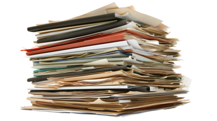 Towering stack of paperwork and files, cut out, isolated on white or transparent background