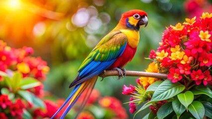 Fototapeta premium A vibrant parrot perched on a branch amidst a profusion of colorful blossoms, bathed in the warm glow of sunlight.