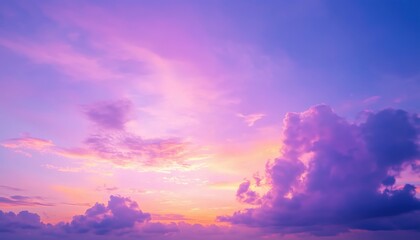 Fototapeta premium Tranquil Evening Sky View: Panoramic Sun Cloudscape In Rich Purple And Pink Tones Merging With Orange At Horizon, Soft Wispy Clouds, Twilight Backdrop.